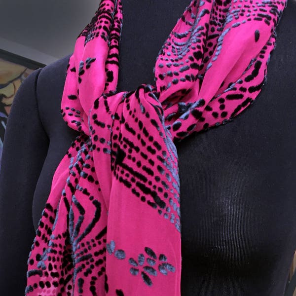 Scarf, Silk and rayon blend burnout scarf, pathway with flowers, hand-dyed, black over fuchsia or white over pink