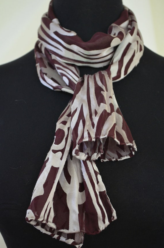 Art deco silk scarf, small, brown and silver, hand dyed