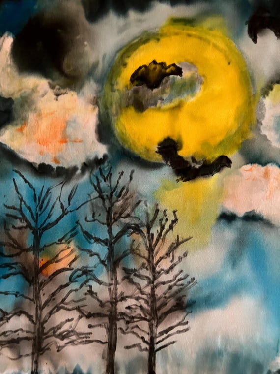 Small square silk scarf, landscape with full moon, bats, clouds, skeleton trees.