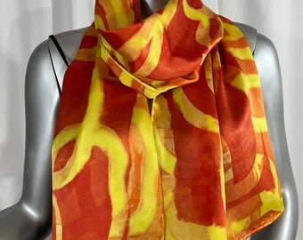 Long silk scarf, charmeuse, hand painted, sunny colors of yellow and orange.