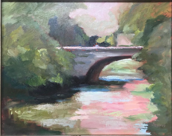 Original Oil painting," Bridge at Sunset"