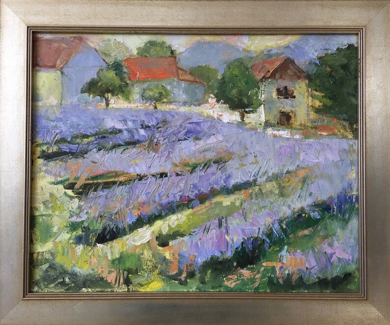 May include: A painting of a lavender field with two houses in the background. The houses are painted in shades of blue, red, and brown. The lavender field is painted in shades of purple, green, and yellow.