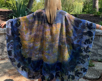 Elegant silk crepe de chine cape or shoulder wrap, hand-dyed in blue with gold and patterned with leaves. One of a kind.