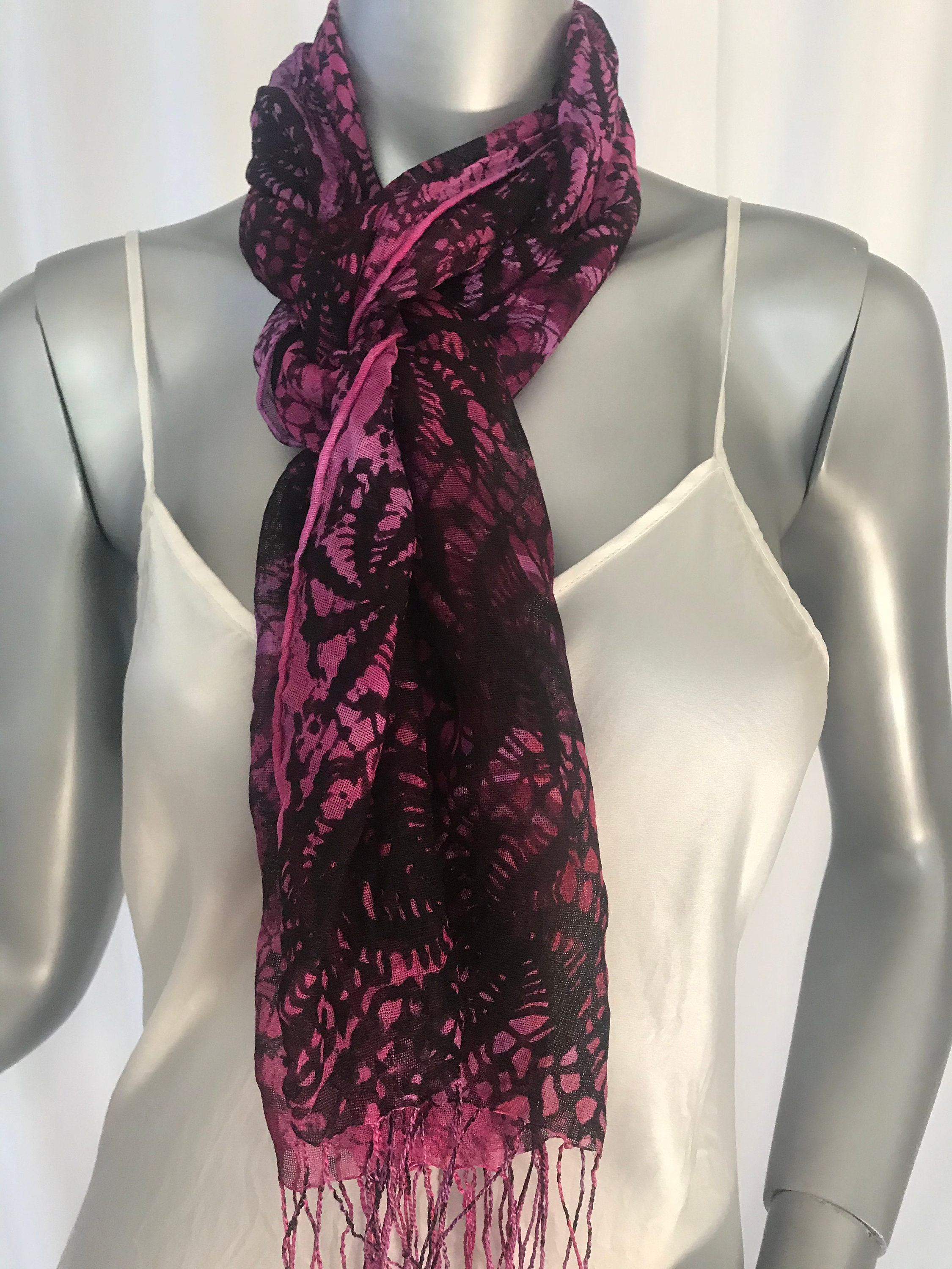 Silk mesh scarf with a 3 inch fringe, Hot Pink and Black