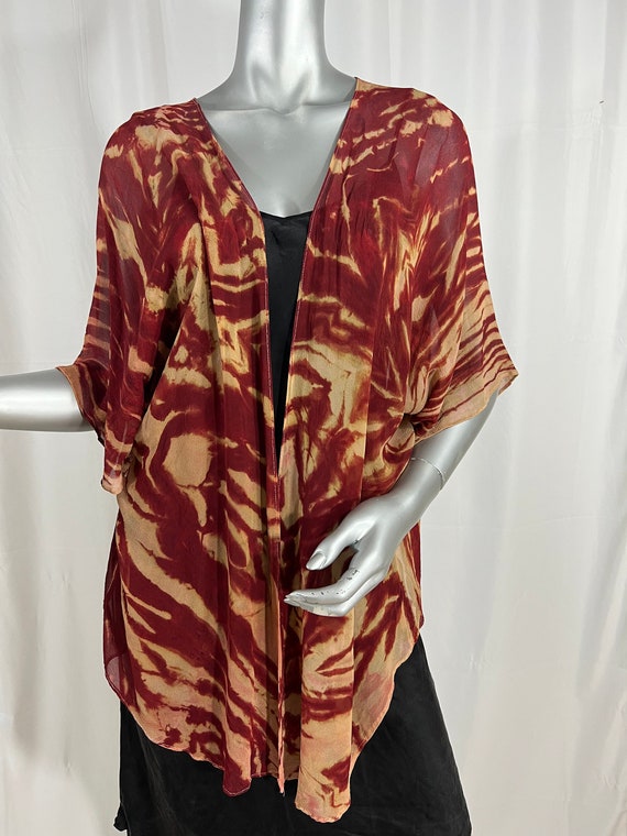 silk kimono jacket, chiffon, hand dyed, Fall colors, Rusty red and beige