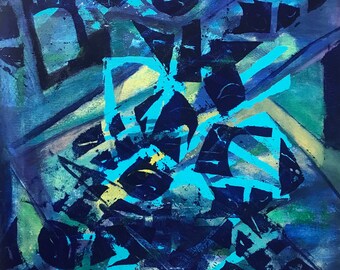 Acrylic painting, Abstract,Blue,Blue violet,Hints of pale yellow