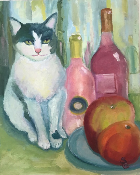 Original oil painting, 20 x 16", unframed, cat, wine