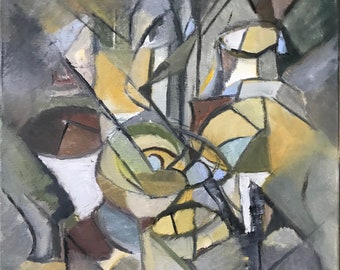 Abstract Oil Painting, cubism, grays and yellows,