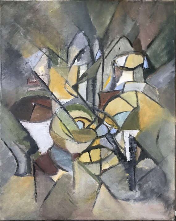 Abstract Oil Painting, cubism, grays and yellows,