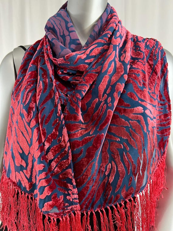 Silk velvet scarf, Devore, Diamond pattern, black, orange