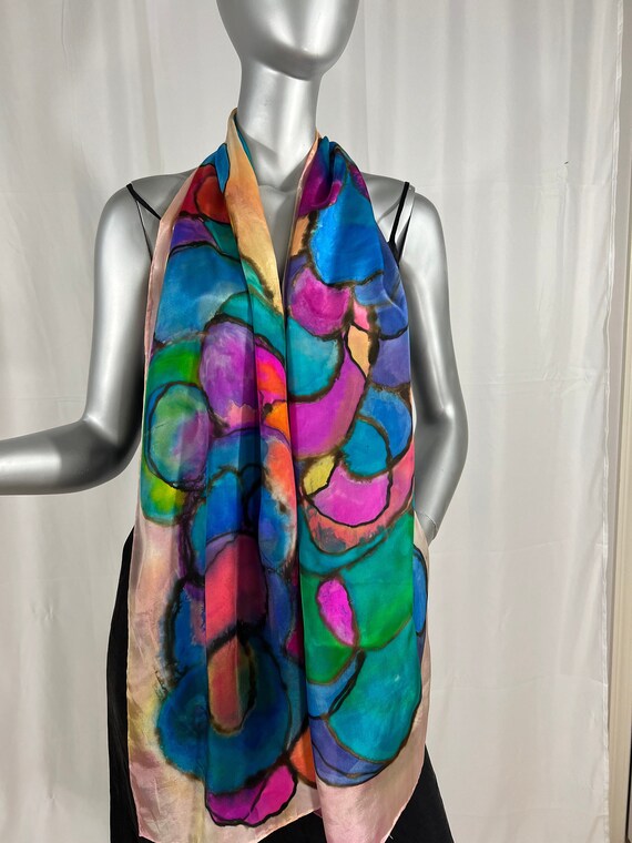 Long silk scarf, hand painted, bright colors