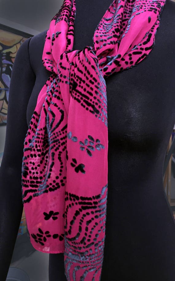 Scarf, Silk and rayon blend burnout scarf, pathway with flowers, hand-dyed, black over fuchsia or white over pink