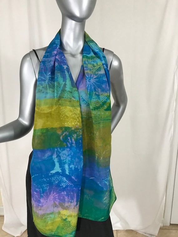 Silk Scarf, crepe de Chine silk, blue, green, and purple