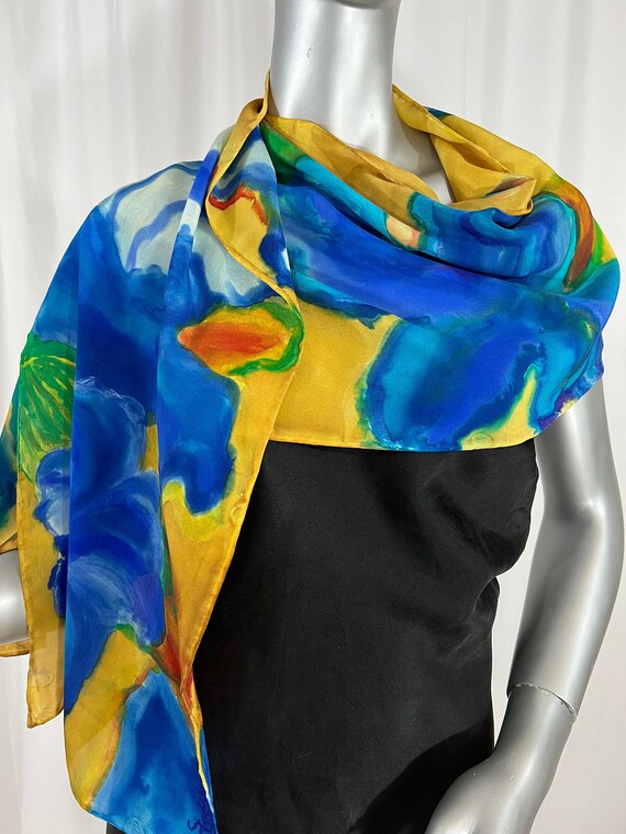 Long Silk Scarf, Floral Print, Blue and Gold