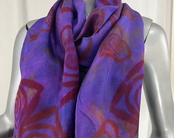 Silk scarf, hand painted with red hearts, blue violet and red, long rectangle