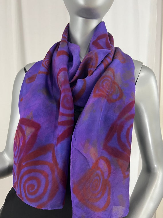 Silk scarf, hand painted with red hearts, blue violet and red, long rectangle
