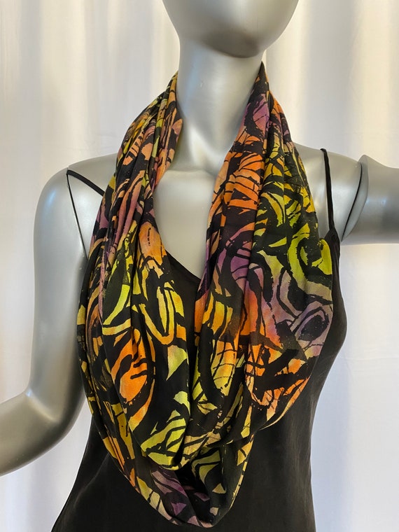 Infinity scarf, rayon jersey, wide and long, Chartreuse green,purple, orange