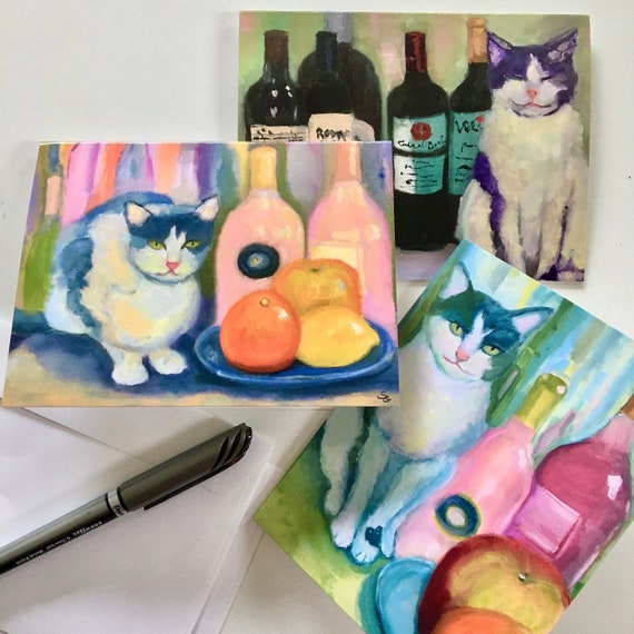 Note Cards. 3 still life paintings with cats and wine. Package of 3 different cards.