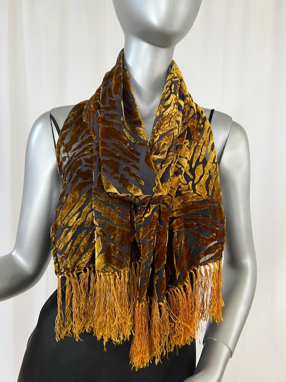 Silk velvet scarf, Devore, Gold and Black, abstract pattern