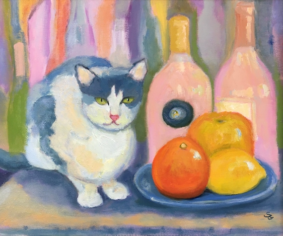 Cat jpg, digital download, still life, oil painting jpg, artwork jpg, painting jpg, wall art, wine bottles