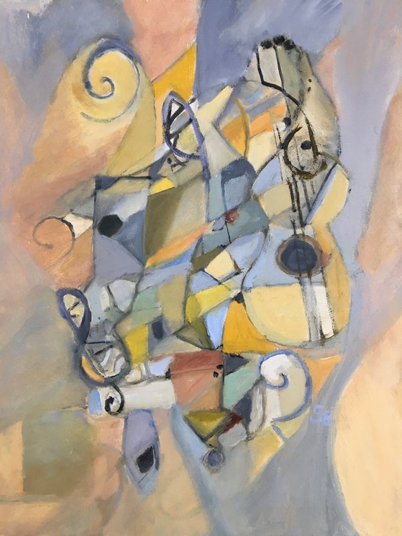 Abstract Oil Painting, cubism, Blues and yellows