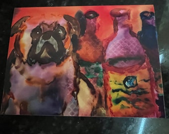 Note Card, Pug with wine bottles, Folded Note Card – 5.5"x4" and 1 envelope.