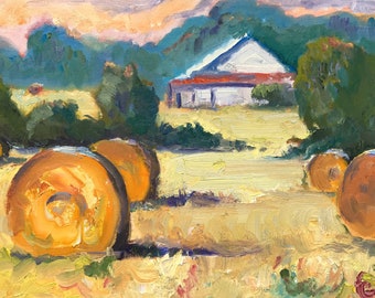 Landscape painting,farm scene with hay bales, medium size