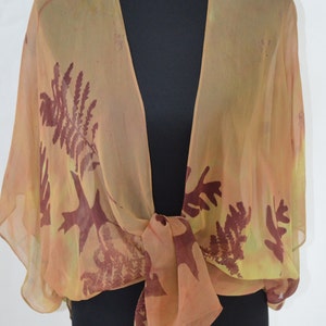 silk kimono jacket, chiffon, hand dyed, fits multiple sizes, leaves pattern, versatile image 1