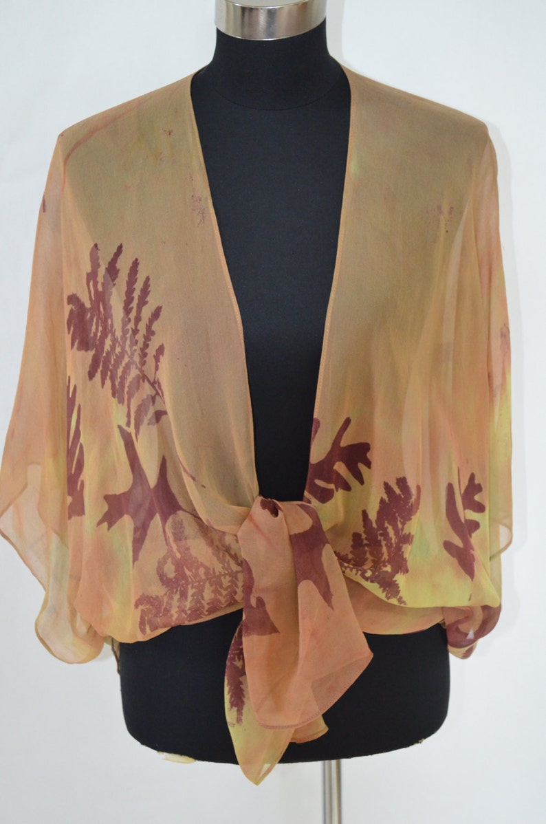 silk kimono jacket, chiffon, hand dyed, fits multiple sizes, leaves pattern, versatile image 1