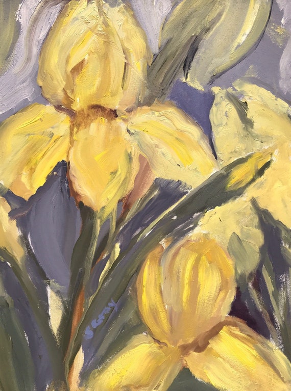 Original oil painting,  9 x 12", yellow irises