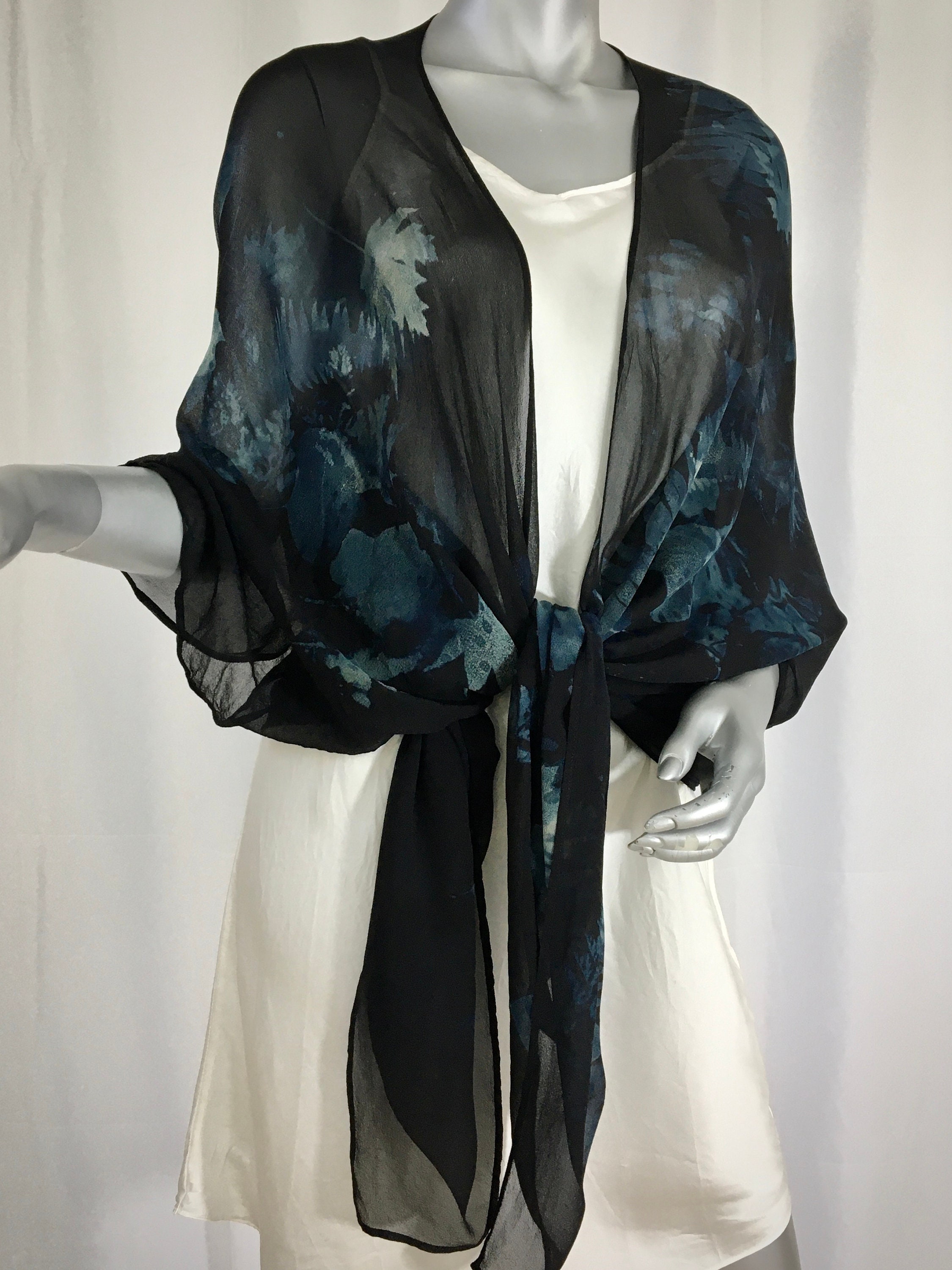 silk kimono jacket, chiffon, handdyed and screen printed with fall