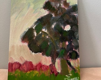 Small oil painting landscape tree and red flowers