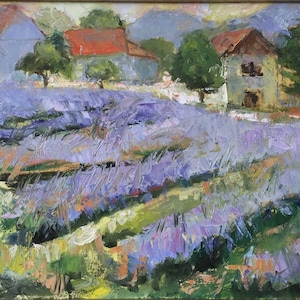 May include: A painting of a lavender field with two houses in the background. The houses are painted in shades of blue and red, and the field is a vibrant purple.