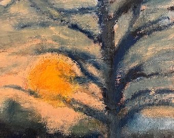 Small oil painting, Harvest Moon landscape