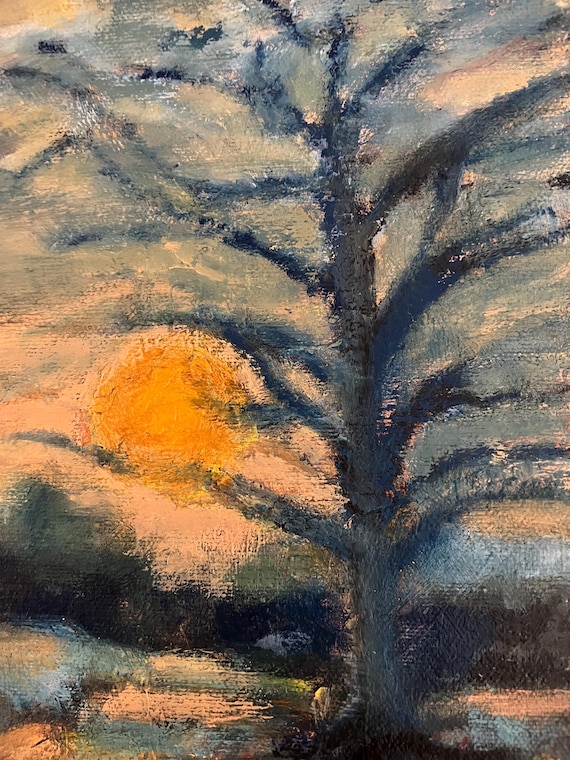 Small oil painting, Harvest Moon landscape