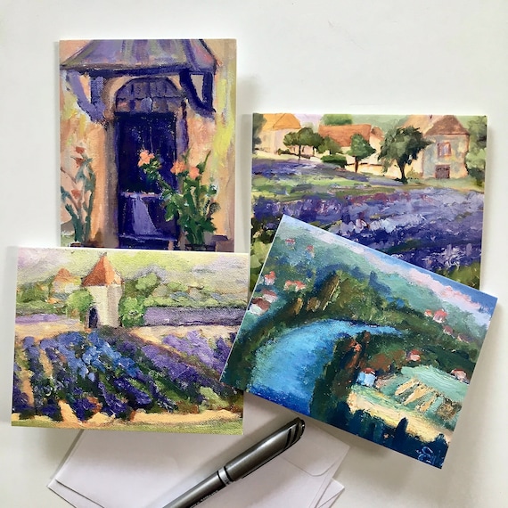 Note Cards. Package of 4 cards with images of plein air paintings from France.