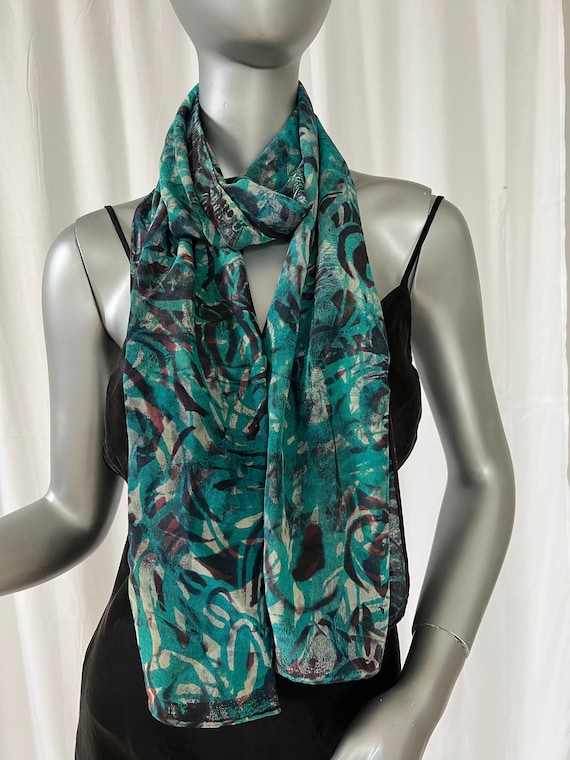 Silk Scarf, Patterned, Turquoise and Dark Purple