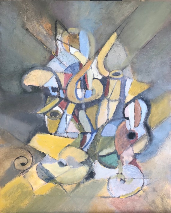 Abstract Oil Painting, cubism, grays and yellows, music influence