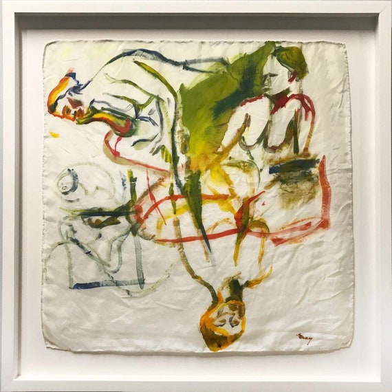 Figure painting dye on silk, Framed, 25 x 25"