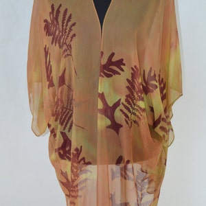 silk kimono jacket, chiffon, hand dyed, fits multiple sizes, leaves pattern, versatile image 2