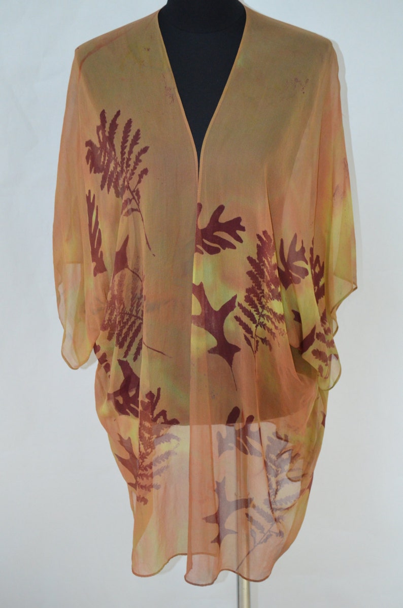 silk kimono jacket, chiffon, hand dyed, fits multiple sizes, leaves pattern, versatile image 2