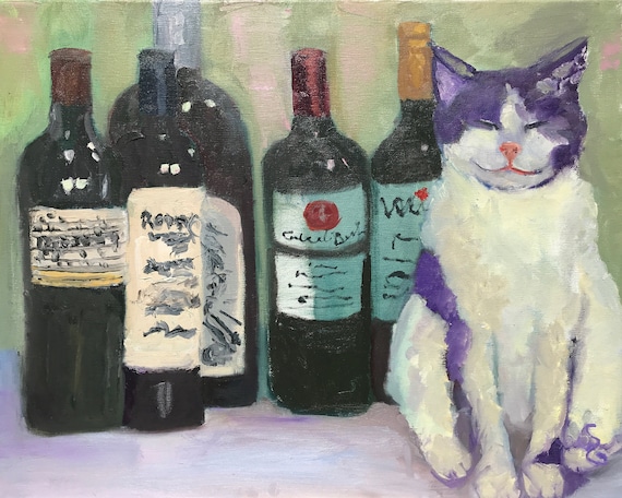 Giclee print of myCat painting, Green Purple oil, "She Won't See Me If I Close My Eyes" – still life with wine and cat, 9 x 12 inches