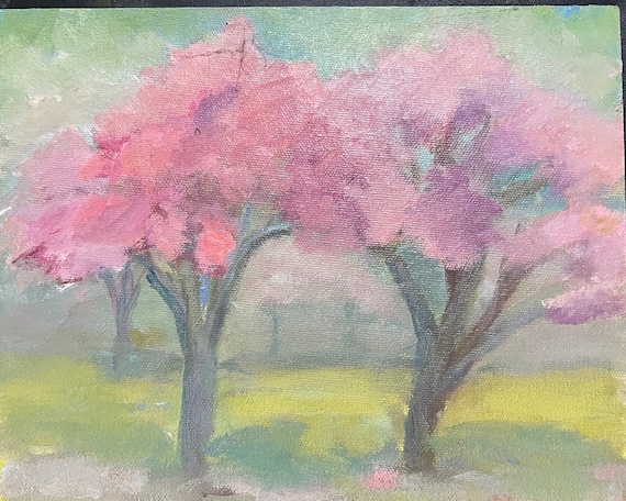 Small Landscape oil painting, spring trees, pink and green