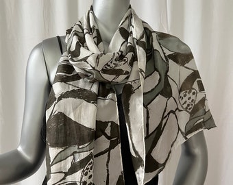 Long Silk Scarf, Original Abstract Design,Black, Gray, White