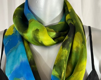 Long silk scarf, Hand painted, Floral, blue flowers with colors of green.