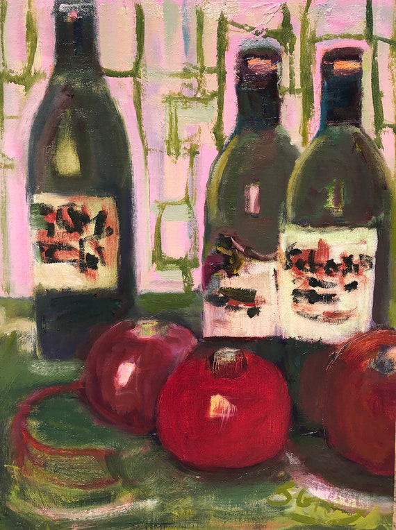 Painting, original oil, Wine and pomegranates, 12 x 16", unframed