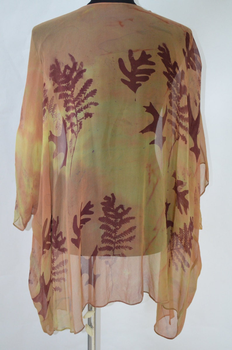 silk kimono jacket, chiffon, hand dyed, fits multiple sizes, leaves pattern, versatile image 3