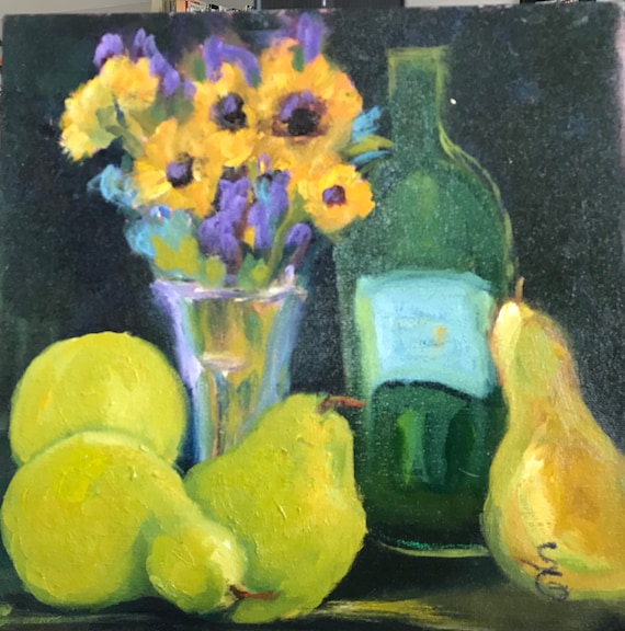 Original Oil Painting, still life, wine, sunflowers, pears