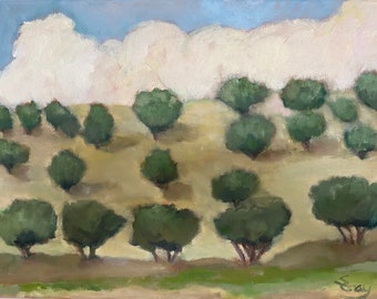 Original oil painting, Italian landscape with olive grove