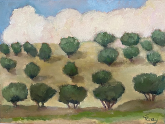 Original oil painting, Italian landscape with olive grove